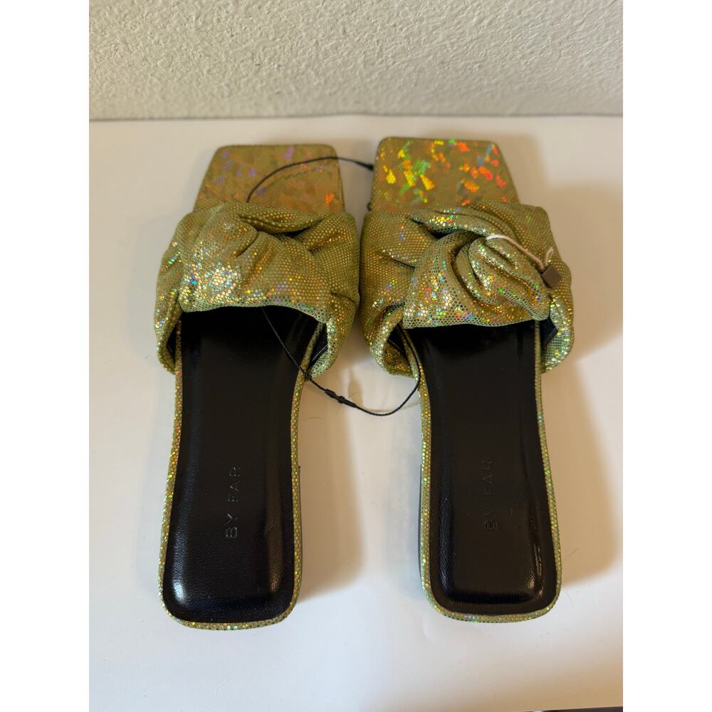 NWT BY FAR Lima Knot Disco Leather Mules Sandal Gold/Green Womens 36-36.5 / US 6